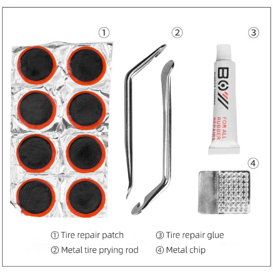 ROCKBROS kit de herramientas para reparacion mini con sus componentes etiquetados en fondo blanco