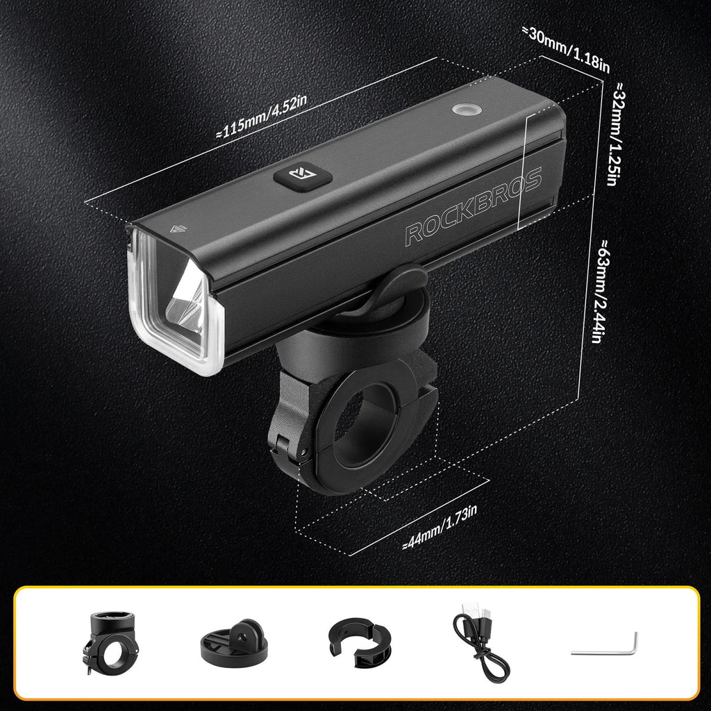 ROCKBROS luz delantera para bicicleta muestra dimensiones y accesorios incluidos