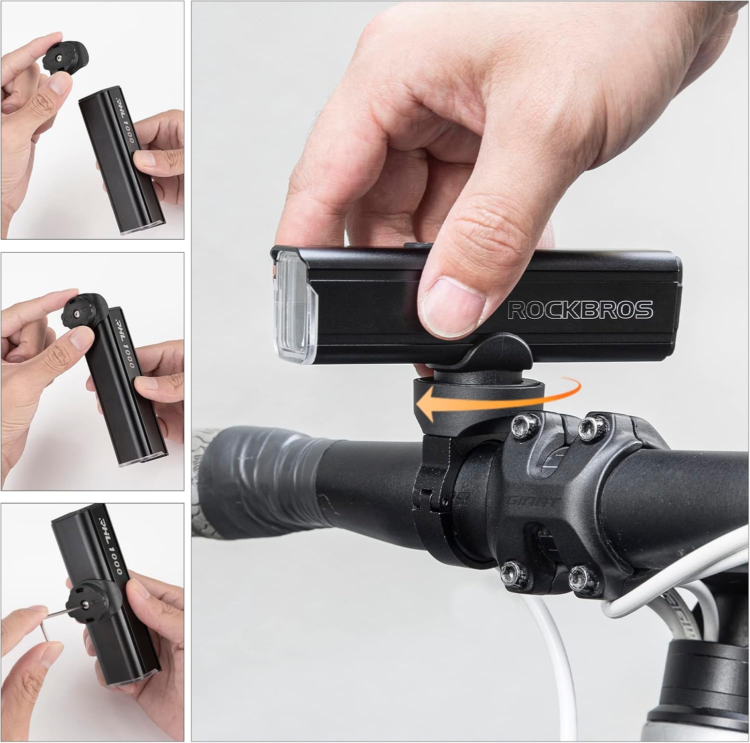 ROCKBROS luz para bicicleta demuestra pasos de instalación sobre el manillar de bicicleta