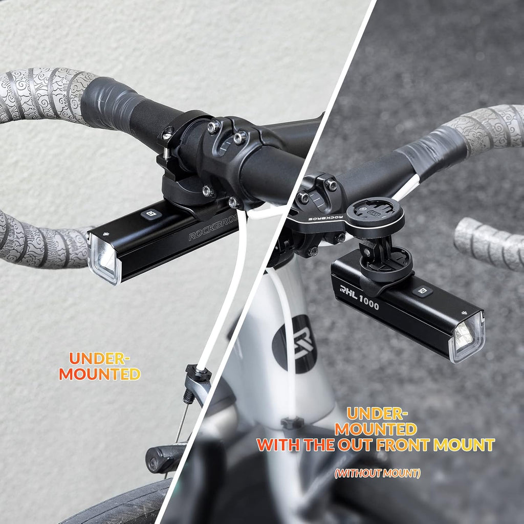 ROCKBROS luz para bicicleta muestra dos métodos de montaje bajo el manillar de bicicleta