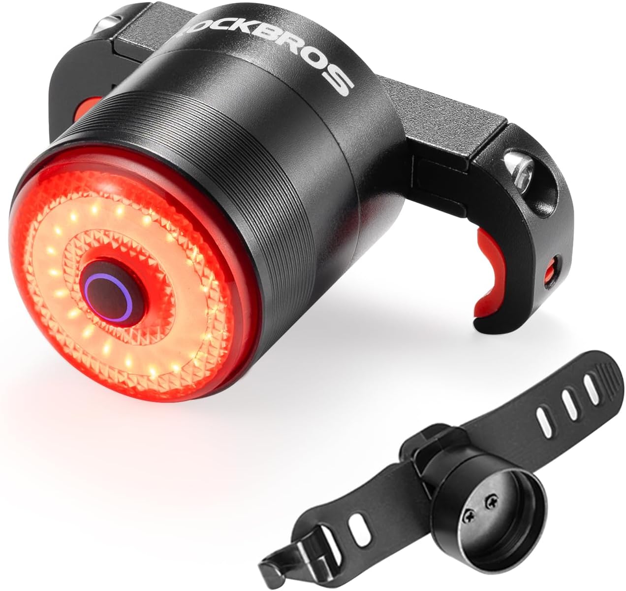 ROCKBROS luz trasera para bicicleta encendida con accesorios de montaje sobre fondo blanco