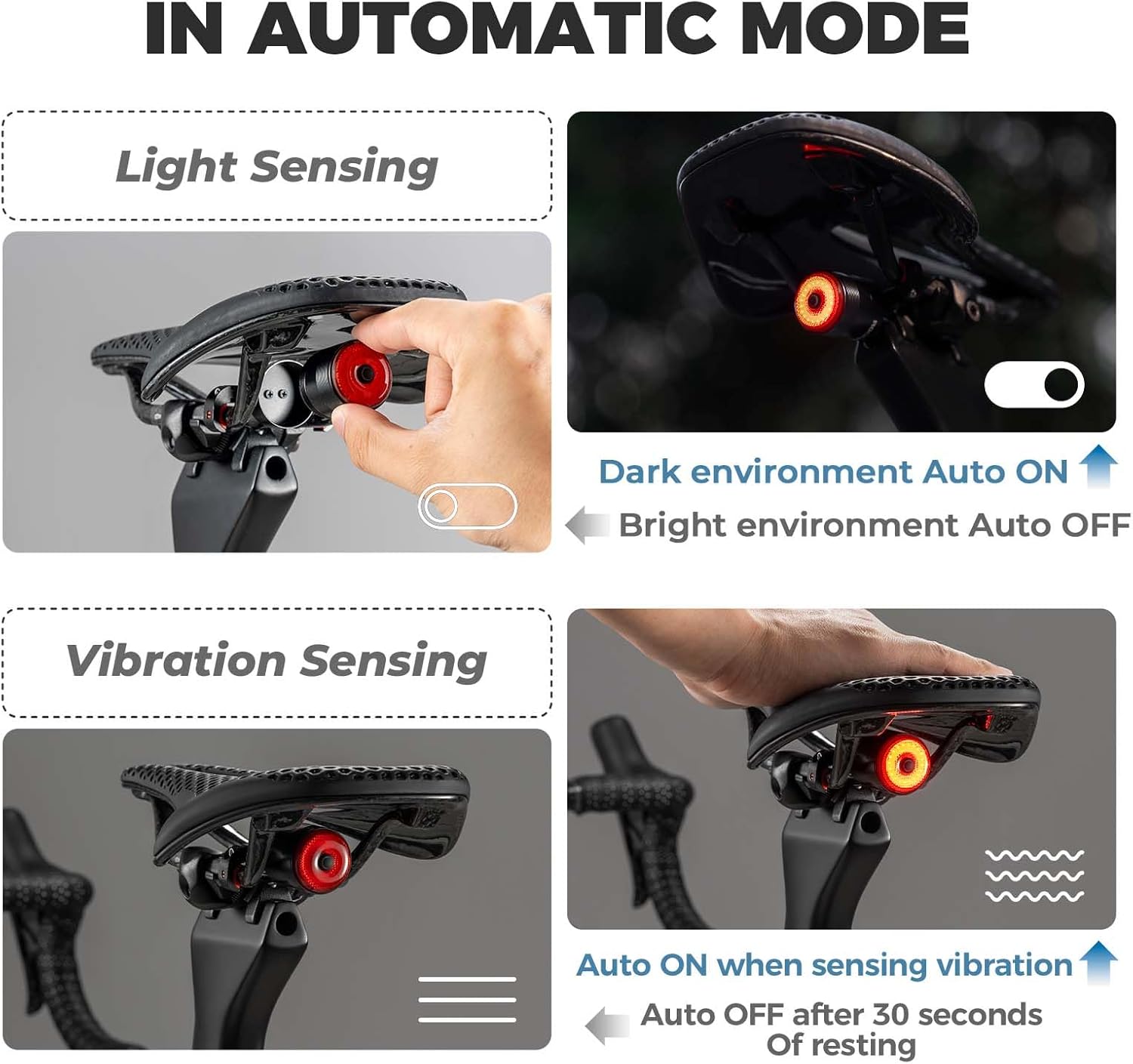 ROCKBROS luz trasera para bicicleta con modo automático de sensor de luz y vibración