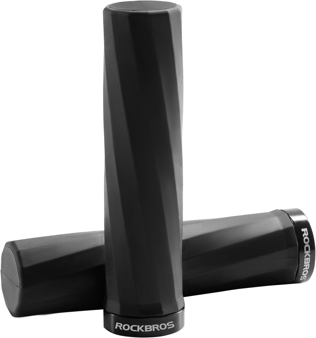 ROCKBROS manillar de bicicleta 22 mm, tres empuñaduras negras con diseño geométrico sobre fondo blanco.