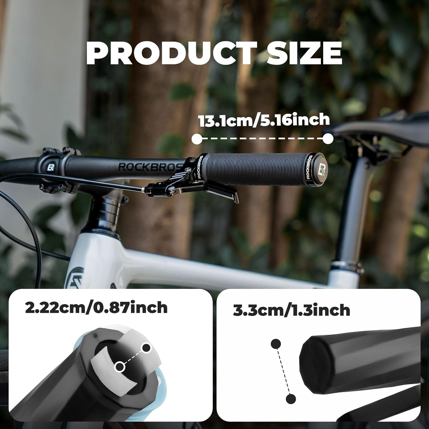 ROCKBROS manillar de bicicleta 22 mm, infografía con dimensiones del empuñadura instalado en la bicicleta.