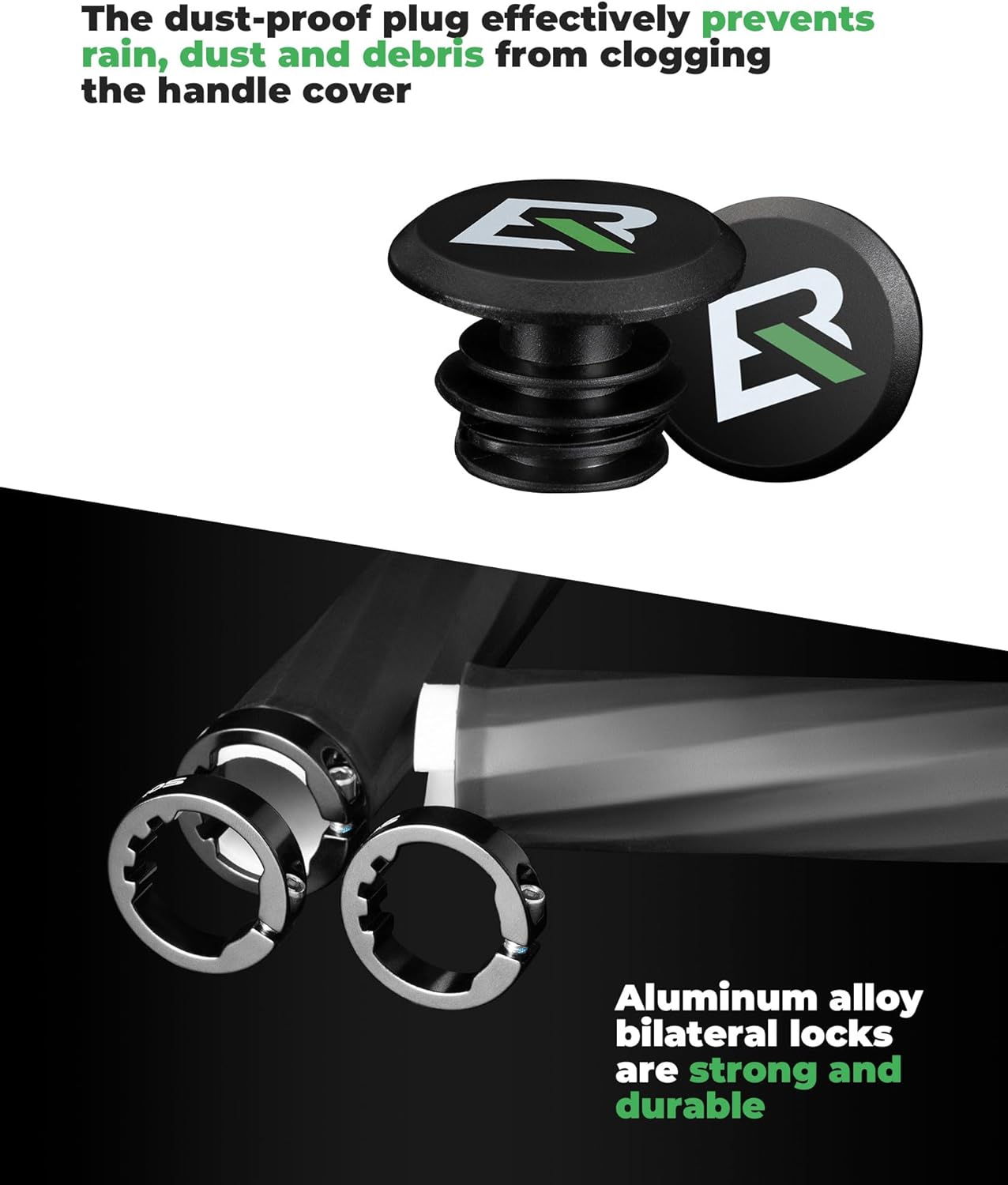 ROCKBROS manillar de bicicleta 22 mm, muestra los tapones antipolvo y los cierres bilaterales de aleación de aluminio del empuñadura.