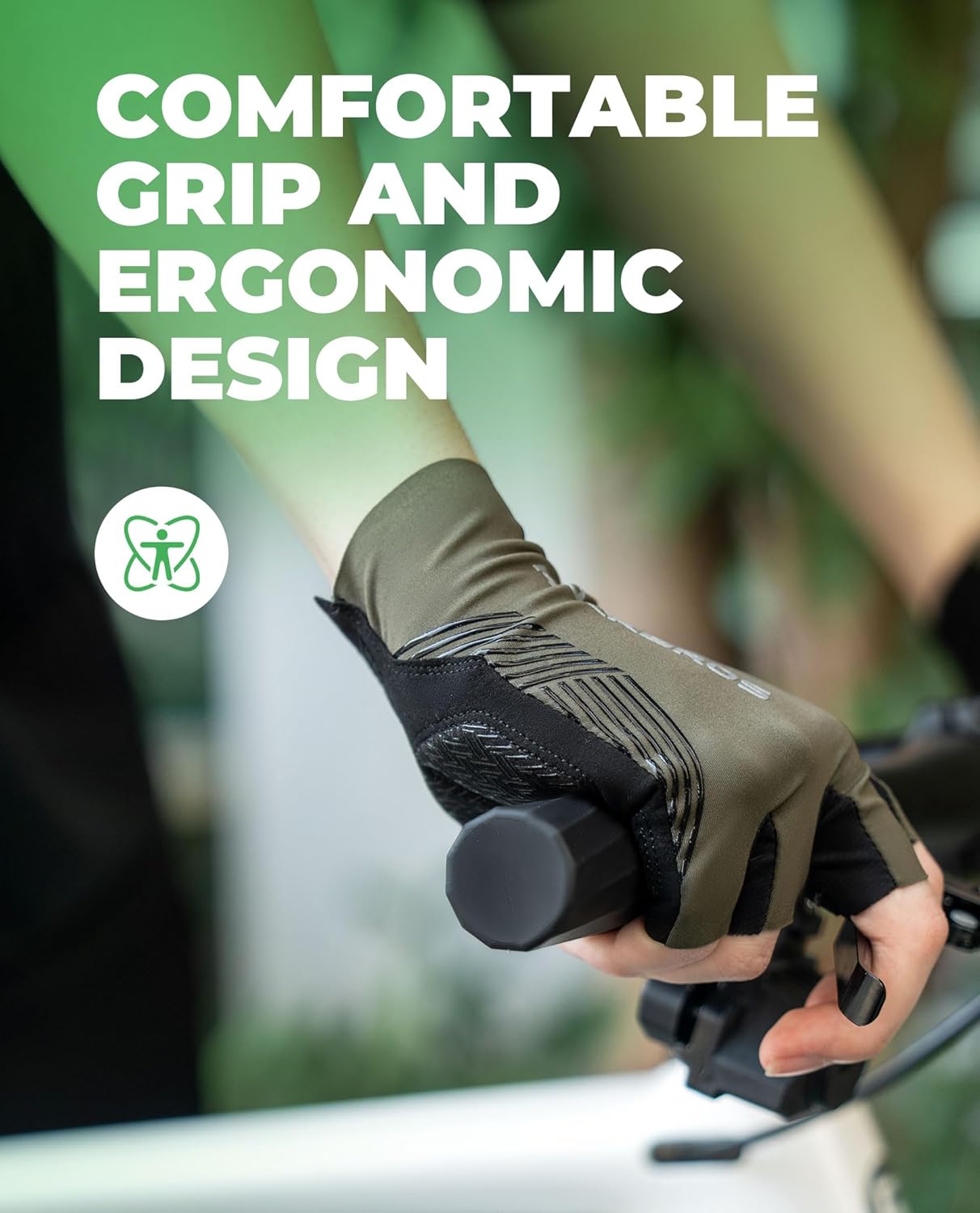 ROCKBROS manillar de bicicleta 22 mm, mano con guante sosteniendo el empuñadura con diseño ergonómico en escena real.