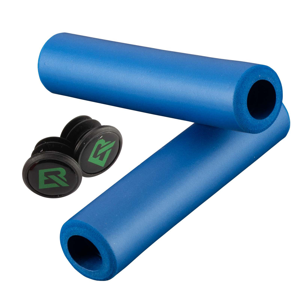 ROCKBROS empuñaduras de silicona azules para manillar de bicicleta de montaña sobre fondo blanco.