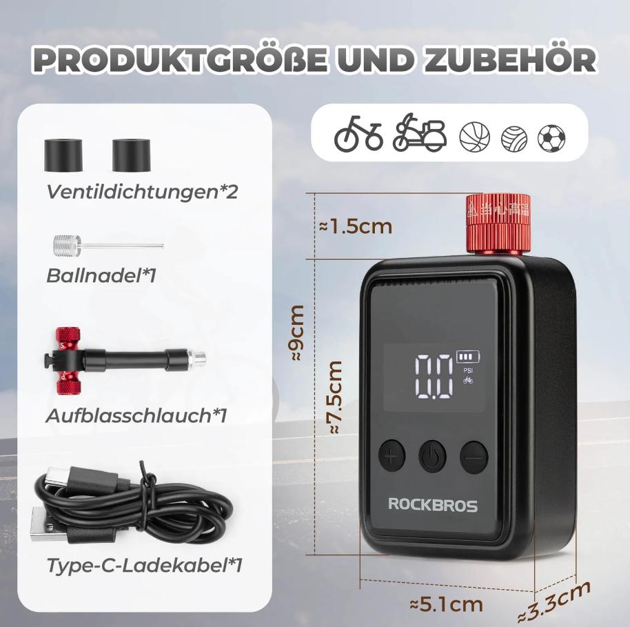 ROCKBROS mini bomba de aire eléctrica infográfico con dimensiones y accesorios incluidos
