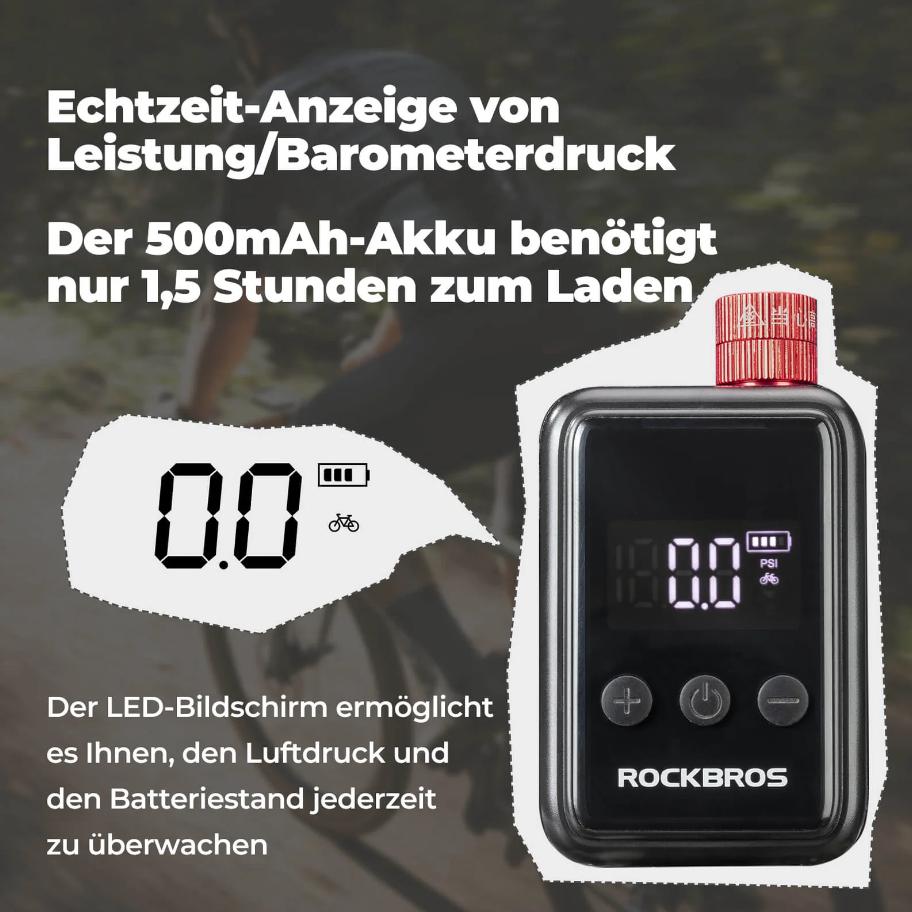 ROCKBROS mini bomba de aire eléctrica mostrando pantalla led de presión y estado de batería