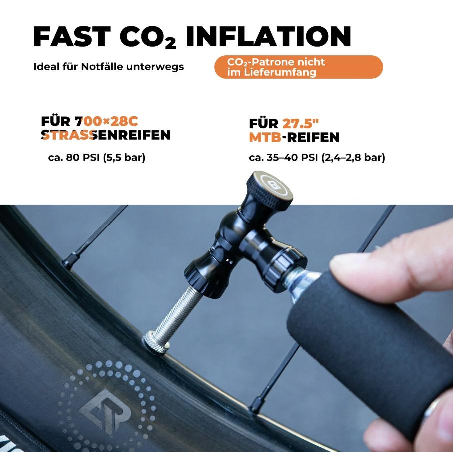ROCKBROS mini inflador de bicicleta co2 mostrando su uso práctico en la válvula de neumático