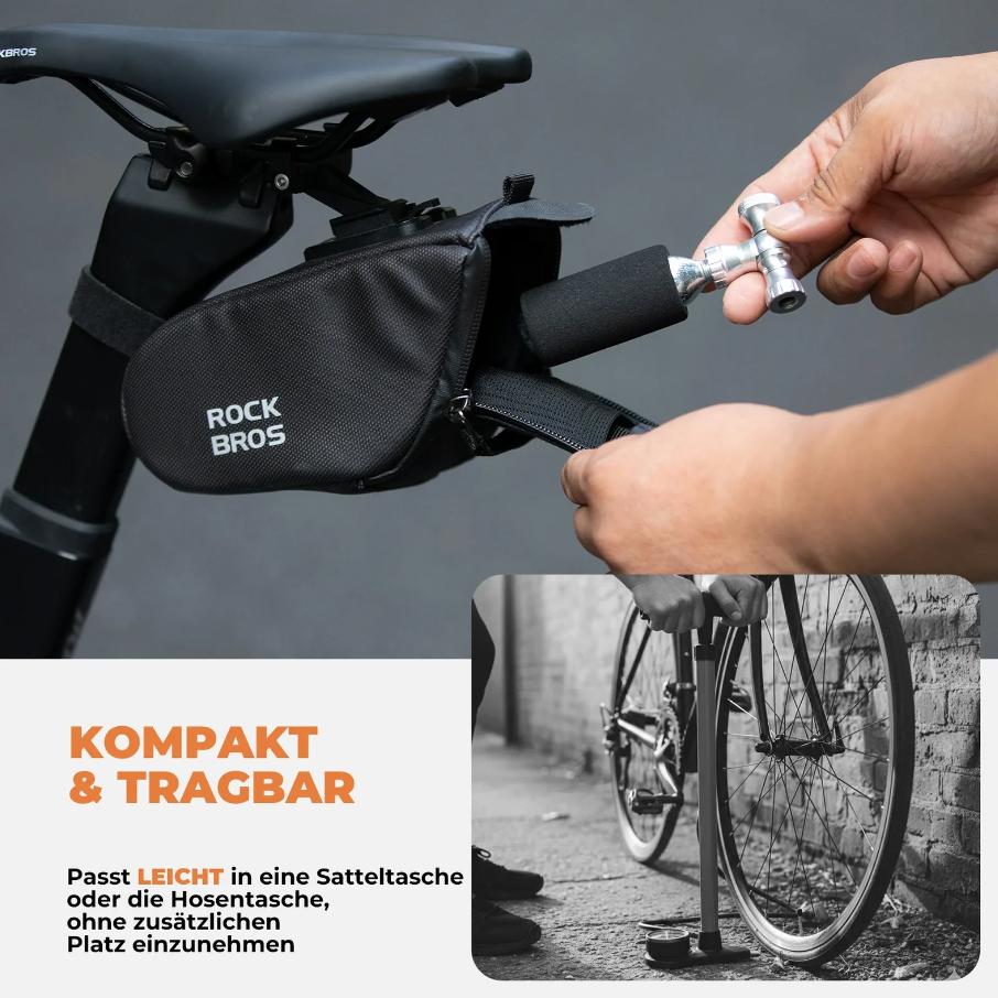 ROCKBROS mini inflador de bicicleta co2 compacto y transportable guardado dentro de la bolsa de sillín