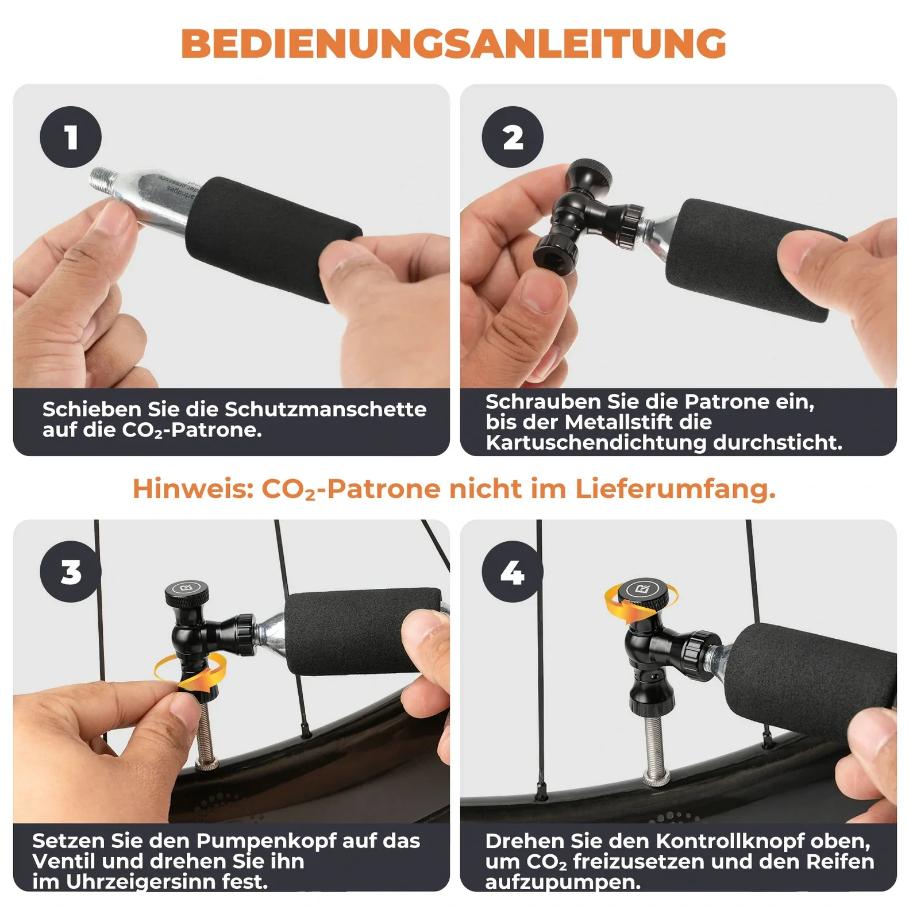 ROCKBROS mini inflador de bicicleta co2 con guia de cuatro pasos de instrucciones de uso del producto