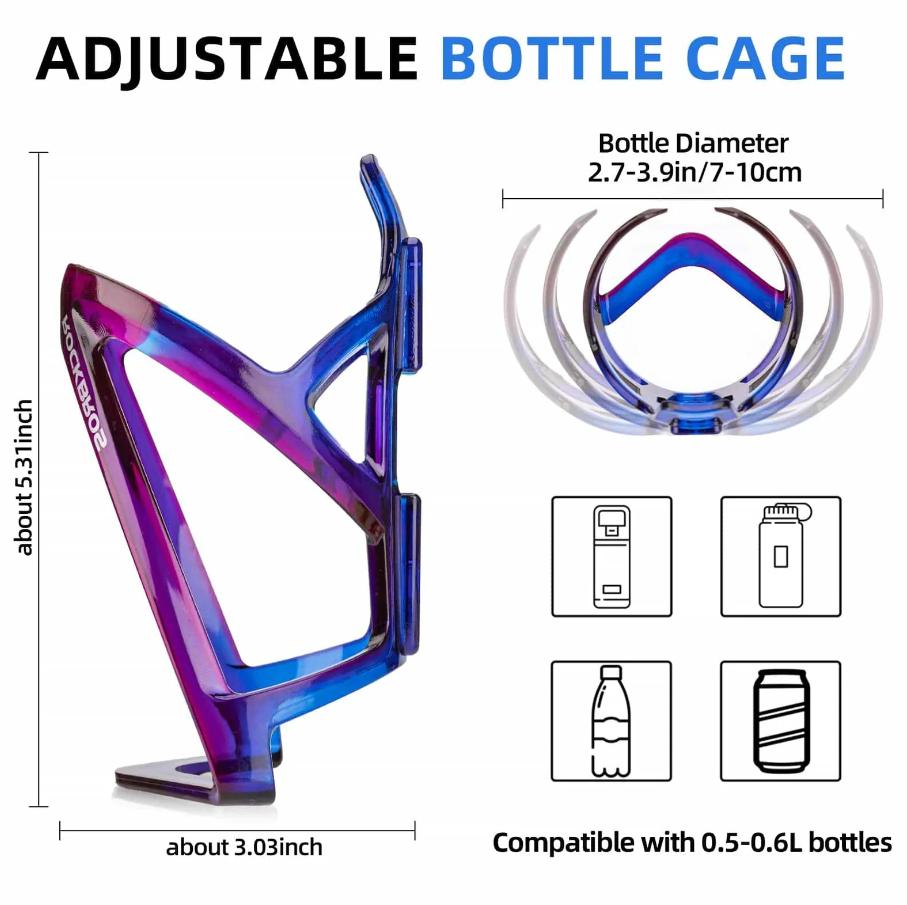 ROCKBROS portavasos ligero para bicicleta ajustable degradado azul morado con infografía de dimensiones y compatibilidad.