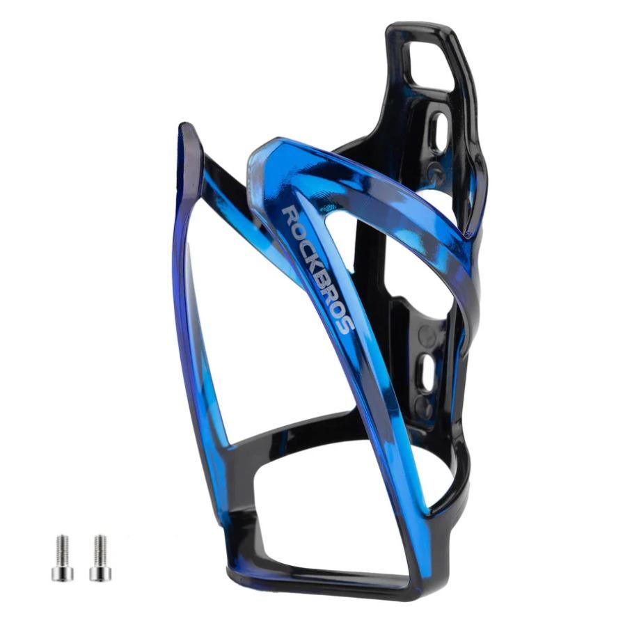 ROCKBROS portavasos ligero para bicicleta de color degradado azul negro con tornillos sobre fondo blanco.