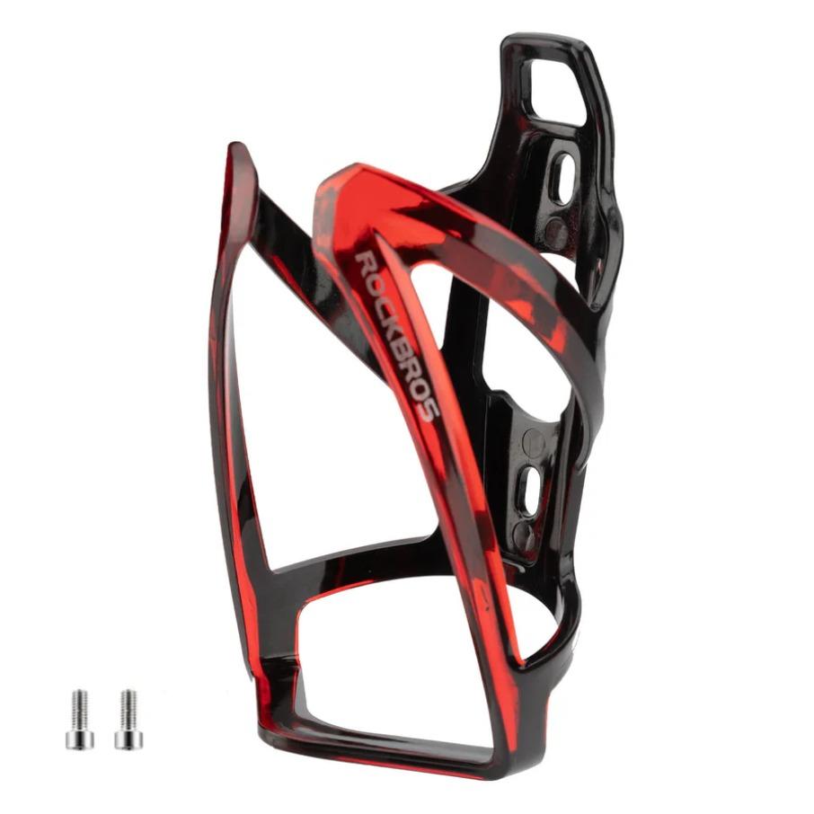 ROCKBROS portavasos ligero para bicicleta de color degradado rojo negro con tornillos sobre fondo blanco.