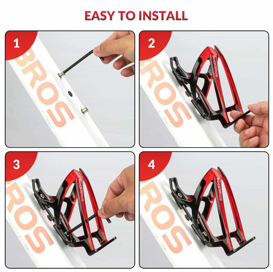 ROCKBROS portavasos ligero para bicicleta degradado rojo negro con diagrama de instalación paso a paso en cuatro pasos.