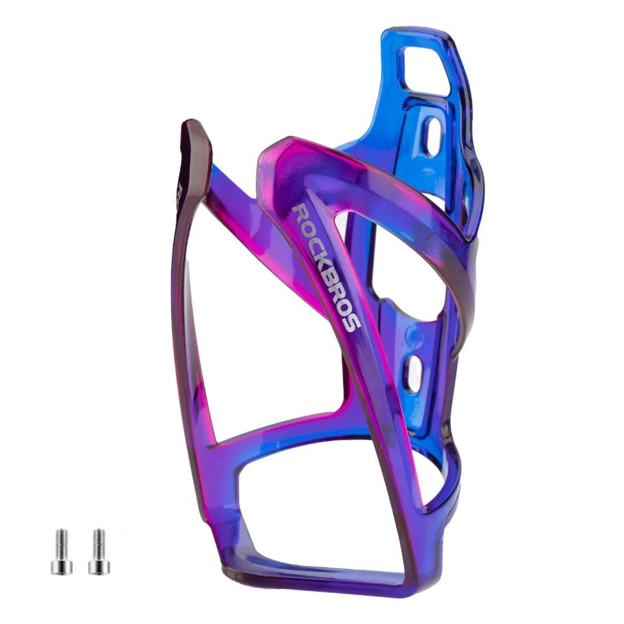 ROCKBROS portavasos ligero para bicicleta de color degradado azul morado con tornillos sobre fondo blanco.