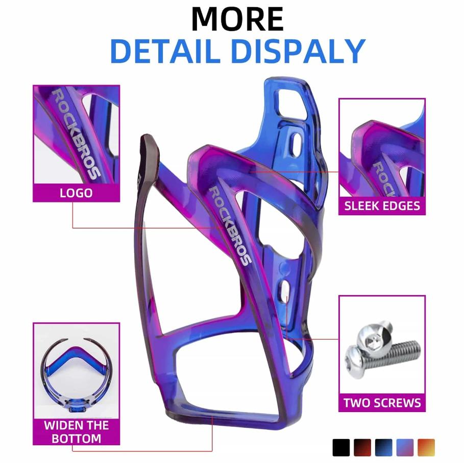 ROCKBROS portavasos ligero para bicicleta degradado azul morado con infografía que muestra los detalles del producto.