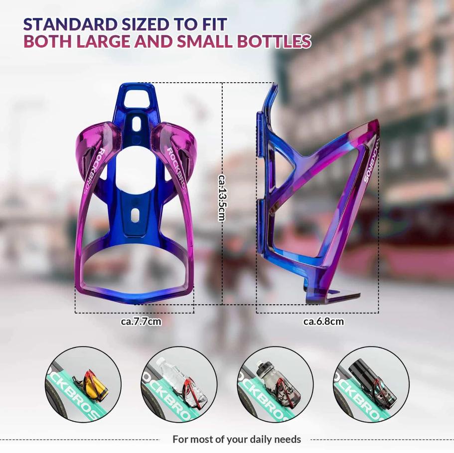 ROCKBROS portavasos ligero para bicicleta degradado azul morado con infografía de medidas y ejemplos de instalación.