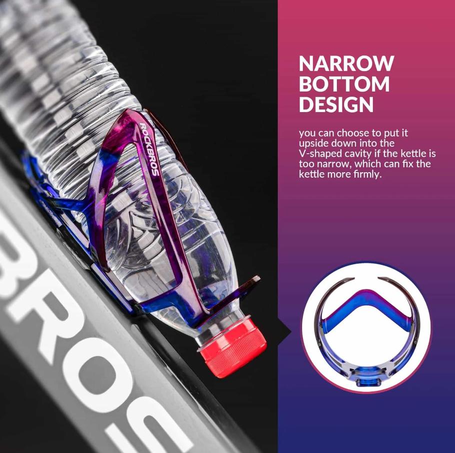 ROCKBROS portavasos ligero para bicicleta degradado azul morado instalado en el cuadro con botella y texto descriptivo.