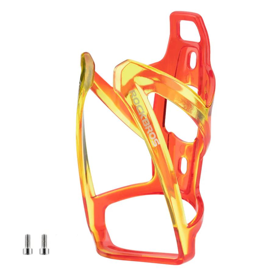 ROCKBROS portavasos ligero para bicicleta de color degradado rojo amarillo con tornillos sobre fondo blanco.