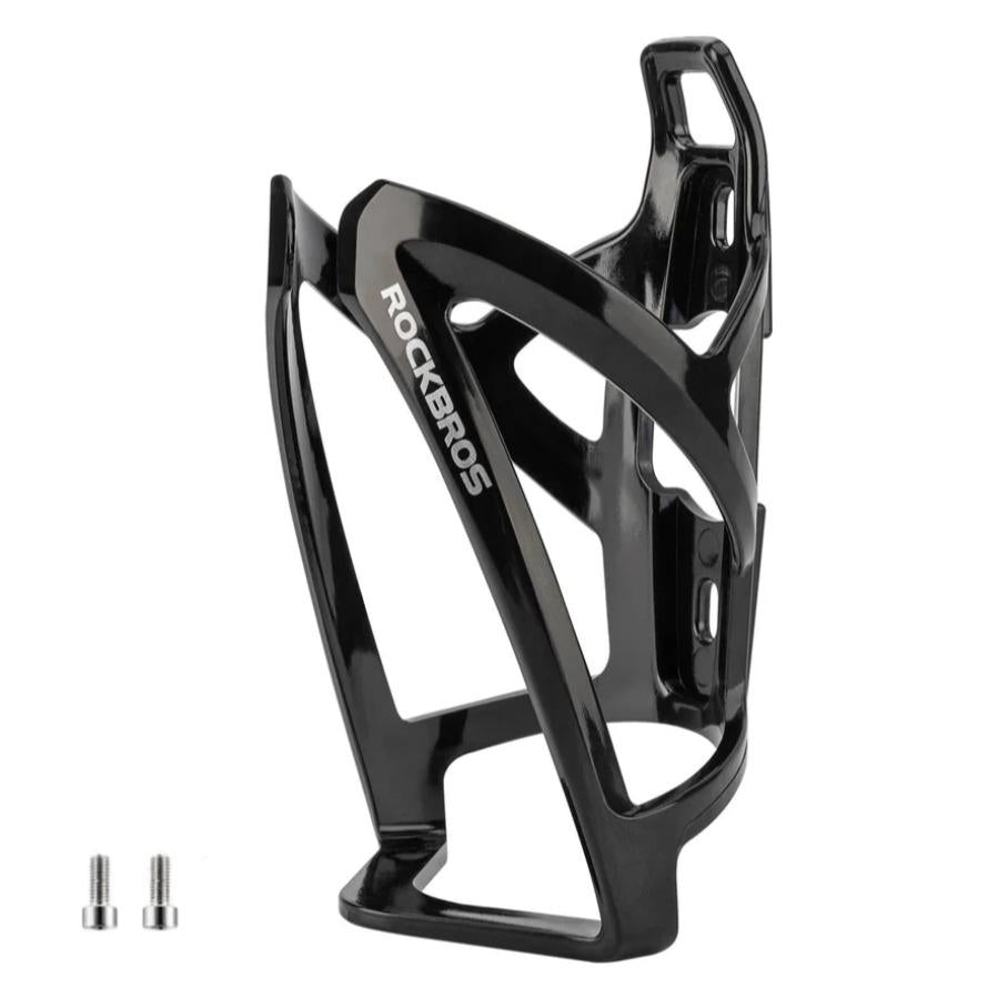 ROCKBROS portavasos ligero para bicicleta negro brillante con tornillos sobre fondo blanco.