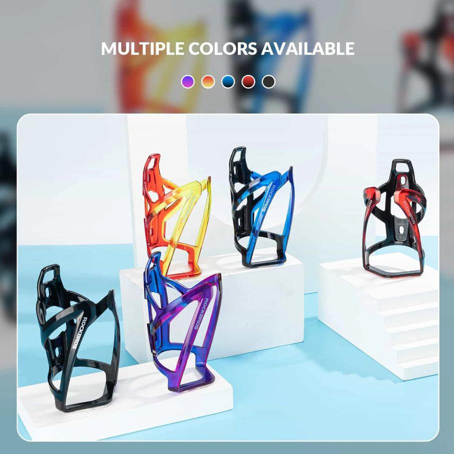 ROCKBROS portavasos ligero para bicicleta mostrando todas las opciones de color sobre soportes blancos en fondo claro.