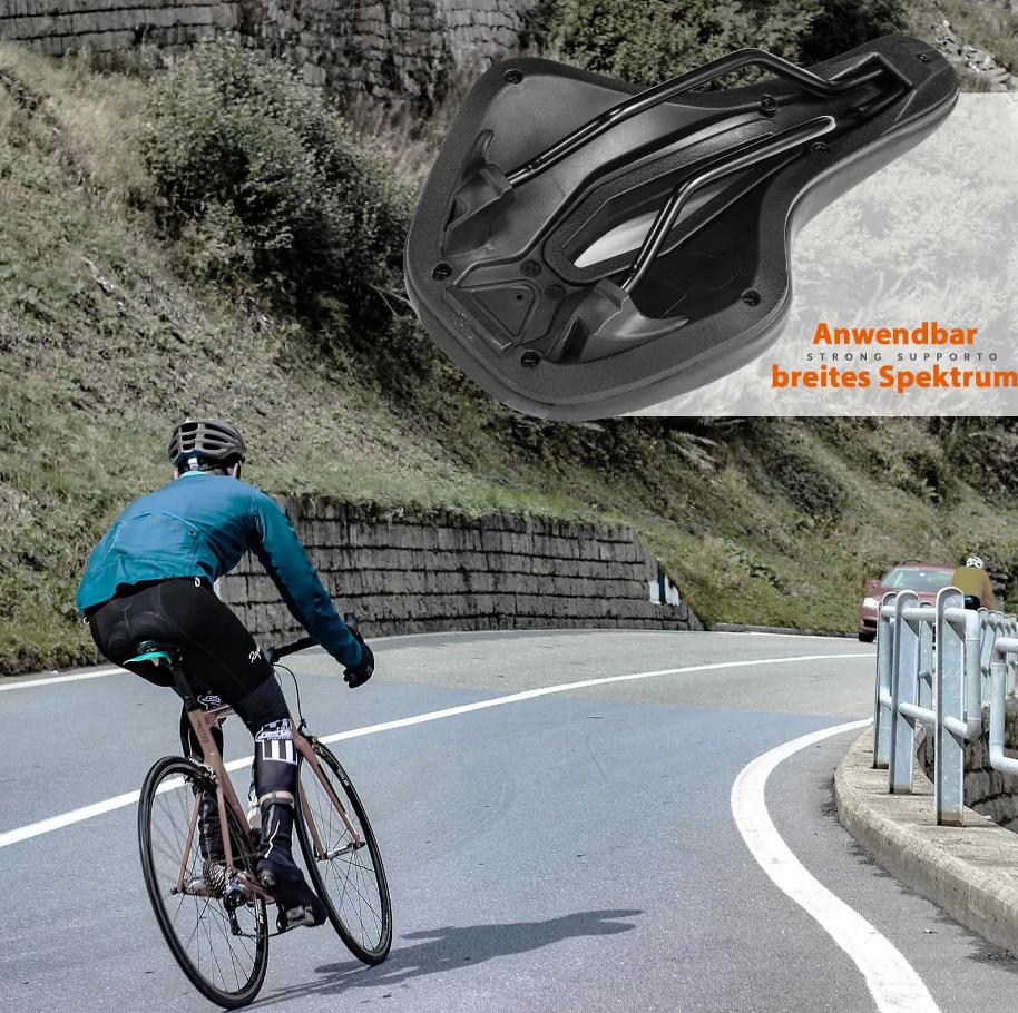 ROCKBROS sillín de bicicleta mostrando su parte inferior y un hombre circulando por carretera