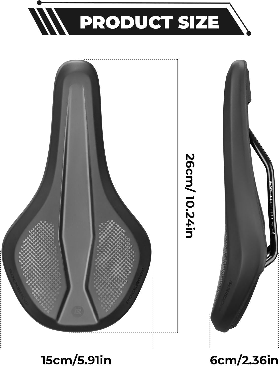 ROCKBROS sillín de bicicleta con diagrama de dimensiones del producto