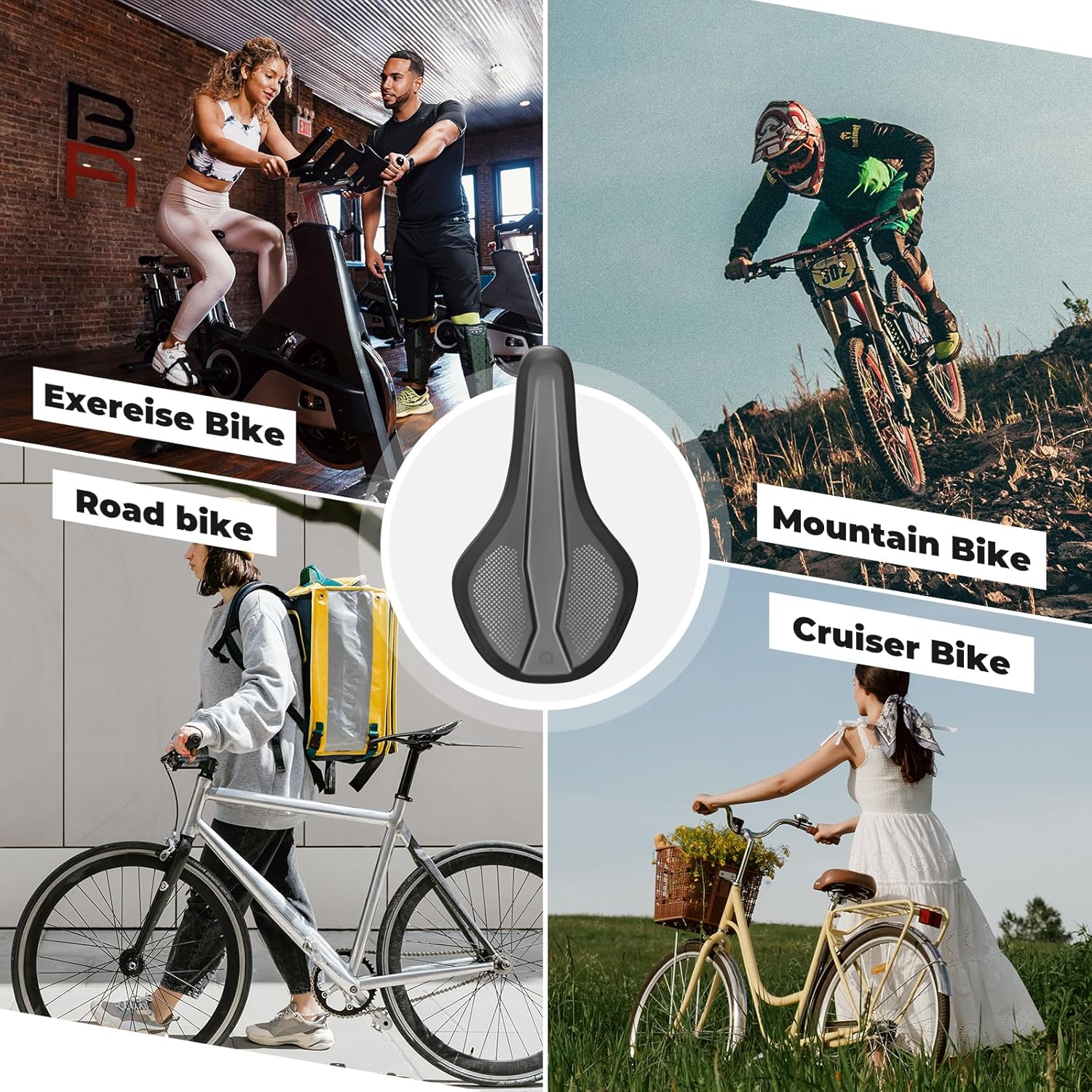 ROCKBROS sillín de bicicleta mostrando escenarios de uso con diferentes tipos de bicicletas y personas