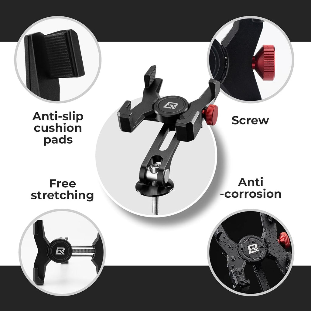 ROCKBROS soporte de móvil para bicicleta muestra características almohadillas antideslizantes y resistencia a la corrosión