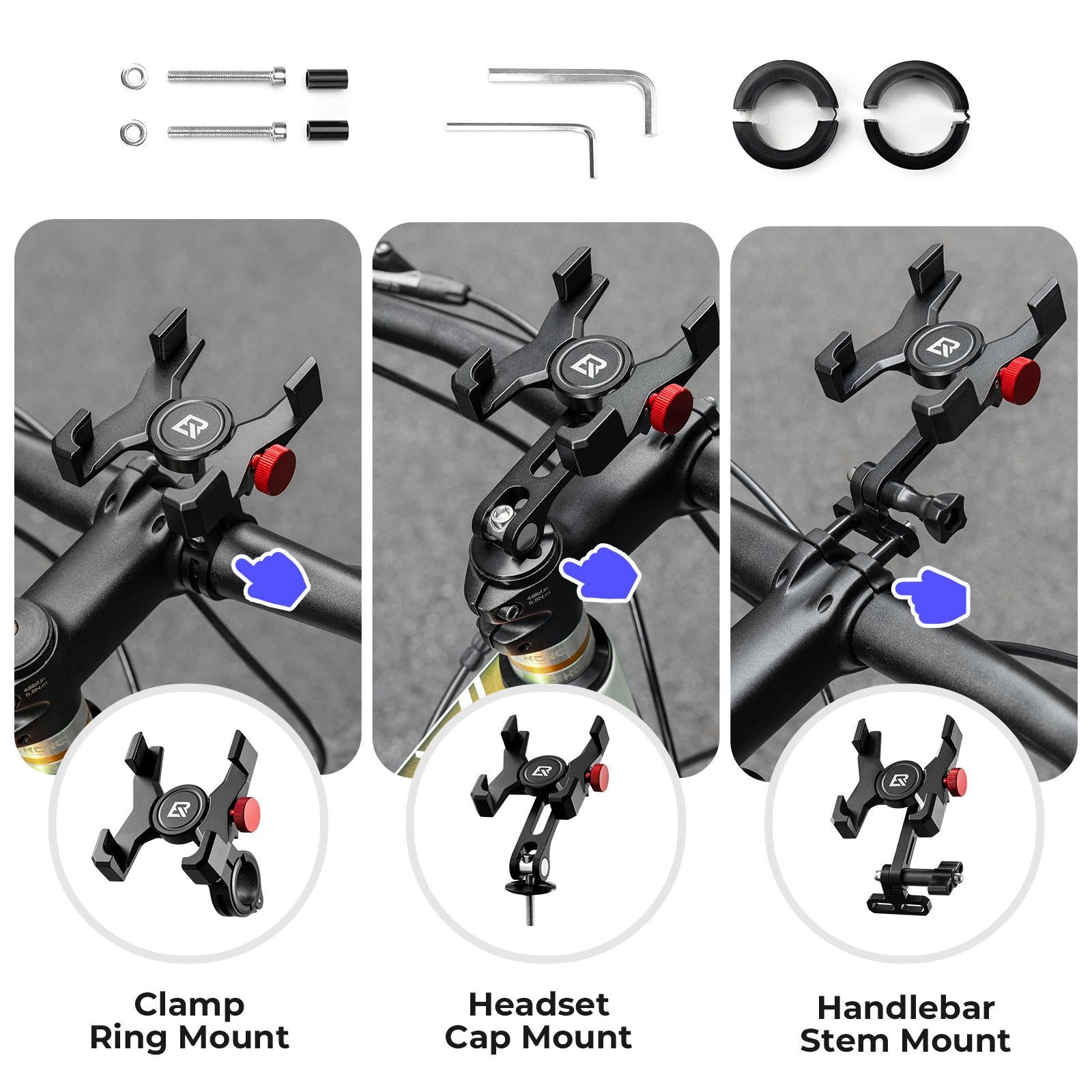 ROCKBROS soporte de móvil para bicicleta muestra tres métodos de montaje y accesorios de instalación