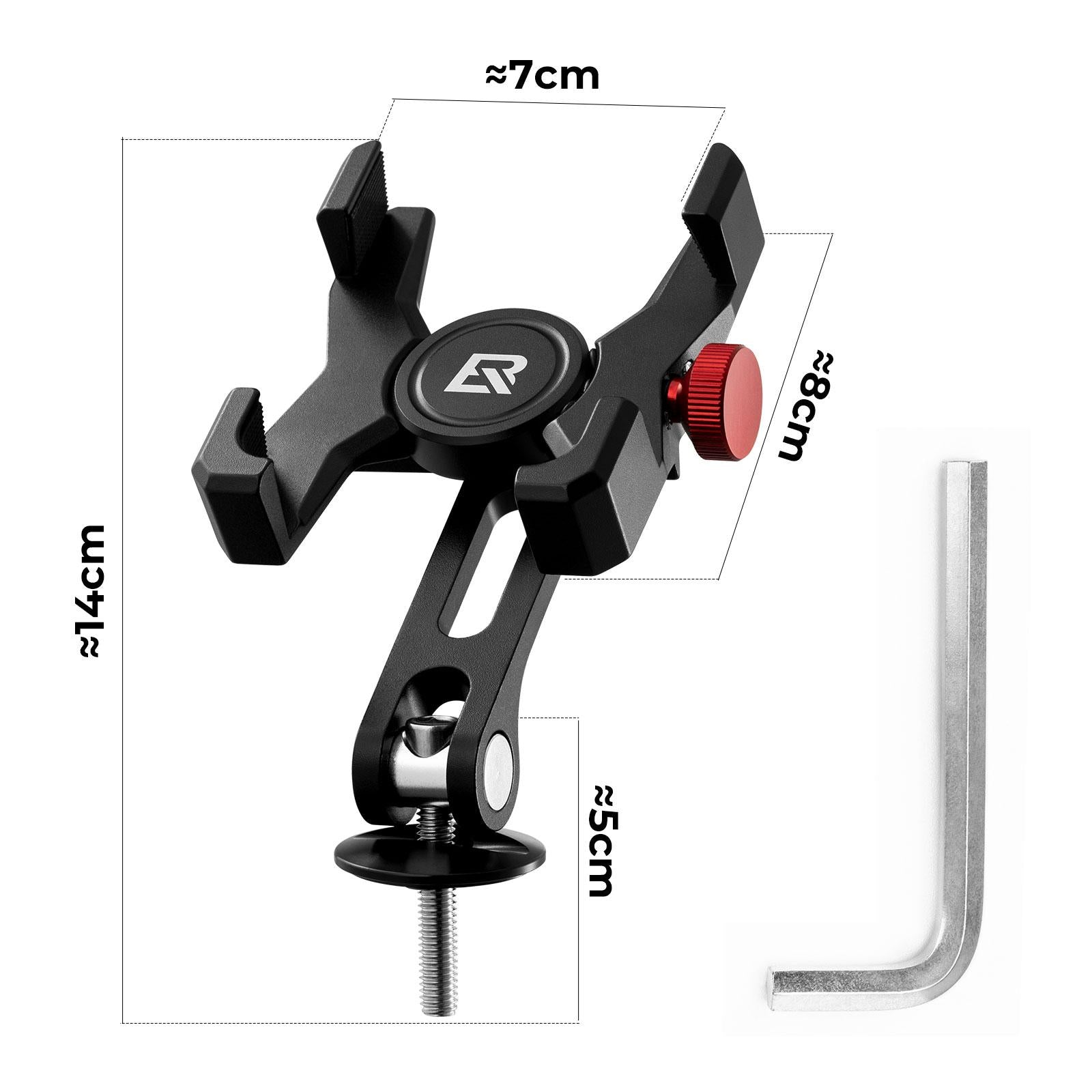 ROCKBROS soporte de móvil para bicicleta para auriculares de cartucho color negro con dimensiones y llave allen