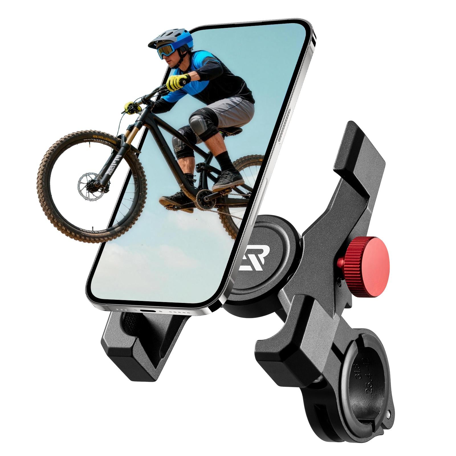 ROCKBROS soporte de móvil para bicicleta para manubrios color negro con teléfono instalado sobre fondo blanco