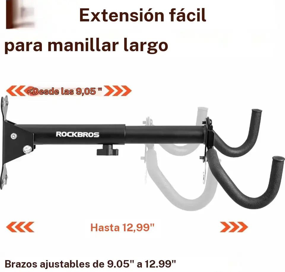 ROCKBROS soporte de pared para bicicleta con brazos extensibles ajustables e infografía de rango de longitud.