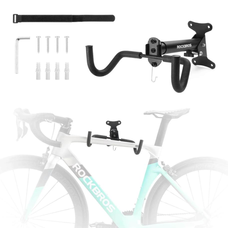 ROCKBROS soporte de pared para bicicleta con piezas de montaje y diagrama de uso sobre fondo blanco.