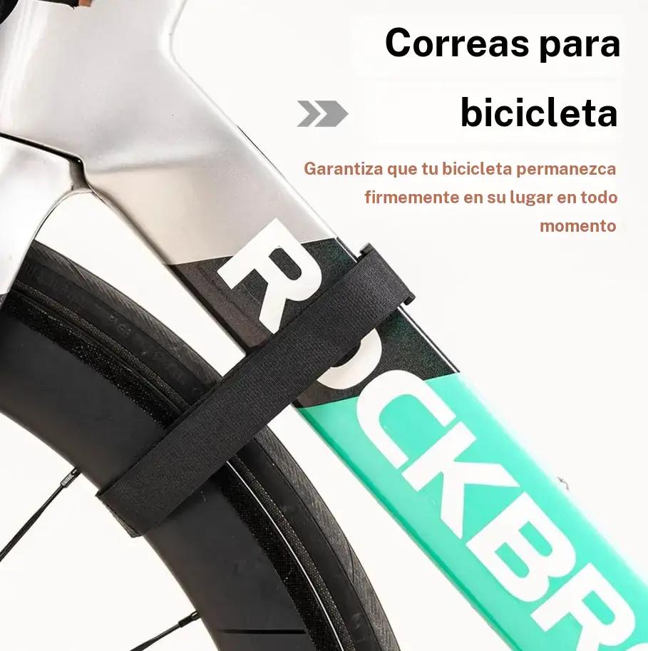 ROCKBROS soporte de pared para bicicleta mostrando la correa de sujeción fijada a la rueda y el cuadro de la bicicleta.
