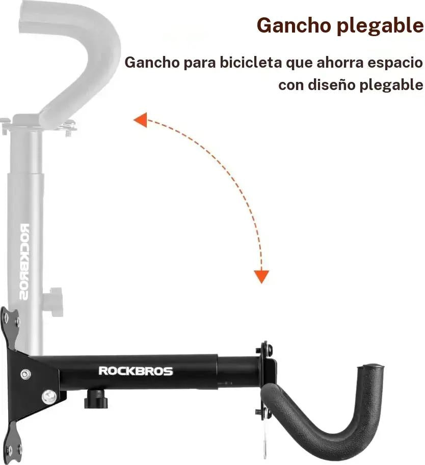 ROCKBROS soporte de pared para bicicleta con gancho plegable ilustrado con flecha de dirección sobre fondo blanco.