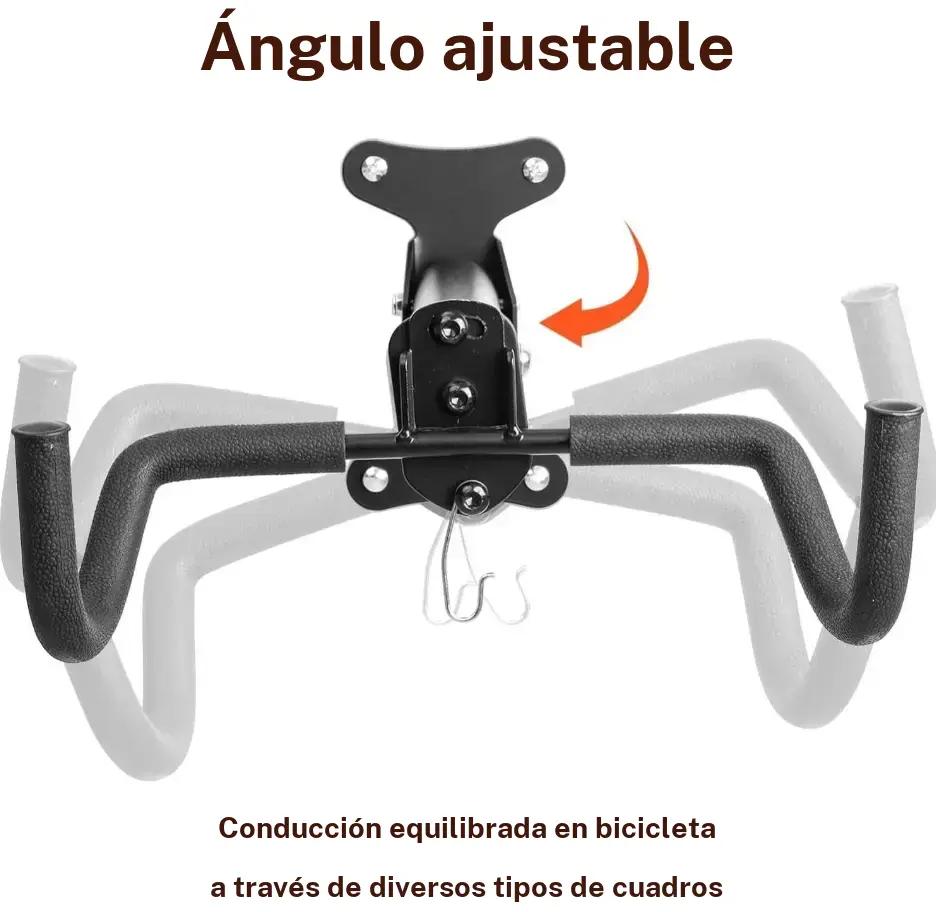 ROCKBROS soporte de pared para bicicleta mostrando su mecanismo de ángulo ajustable con flecha indicadora sobre fondo blanco.