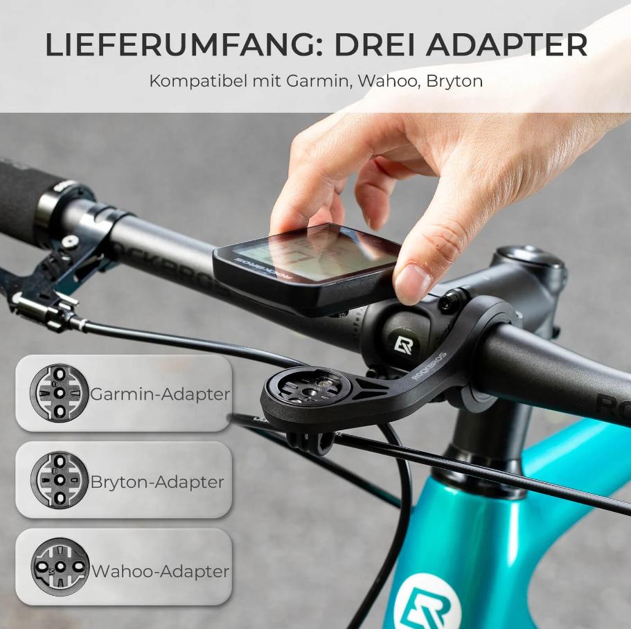 ROCKBROS soporte para ordenador de bicicleta con adaptadores compatibles siendo instalado por una mano en el manubrio