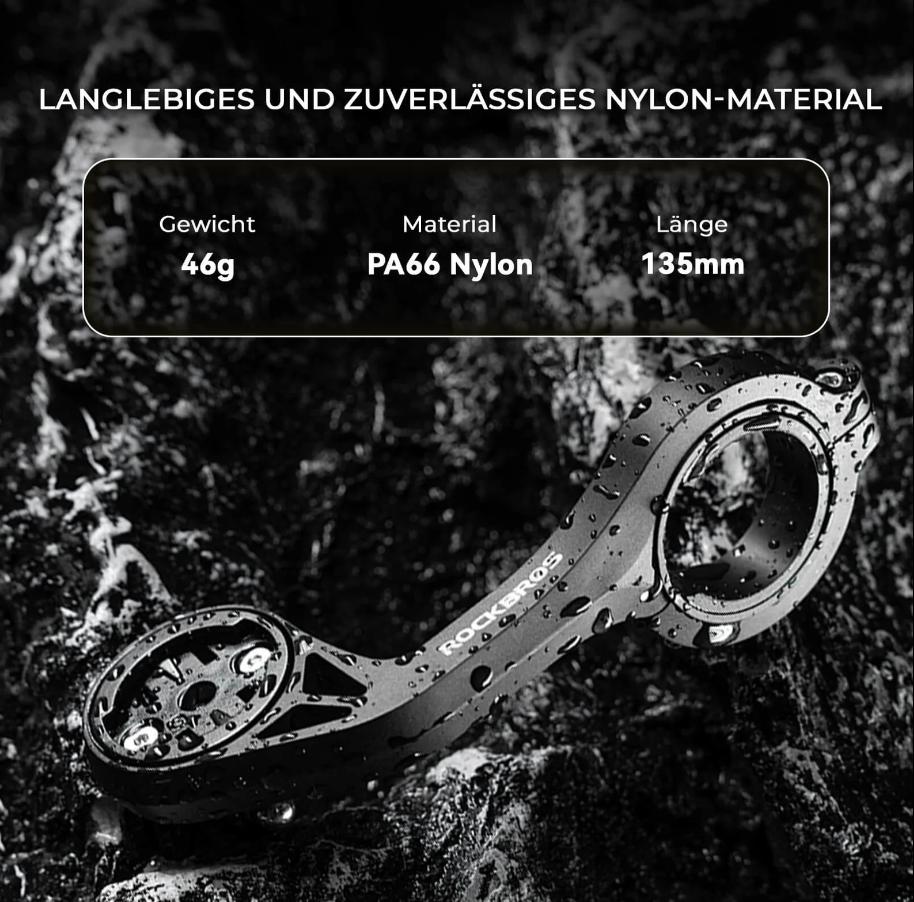 ROCKBROS soporte para ordenador de bicicleta de nailon pa66 resistente al agua mostrando sus especificaciones tecnicas