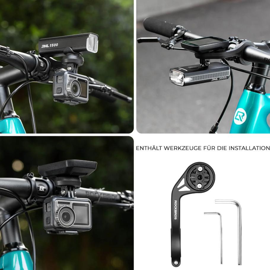 ROCKBROS soporte para ordenador de bicicleta en collage mostrando sus multiples usos con camara luz y herramientas de montaje