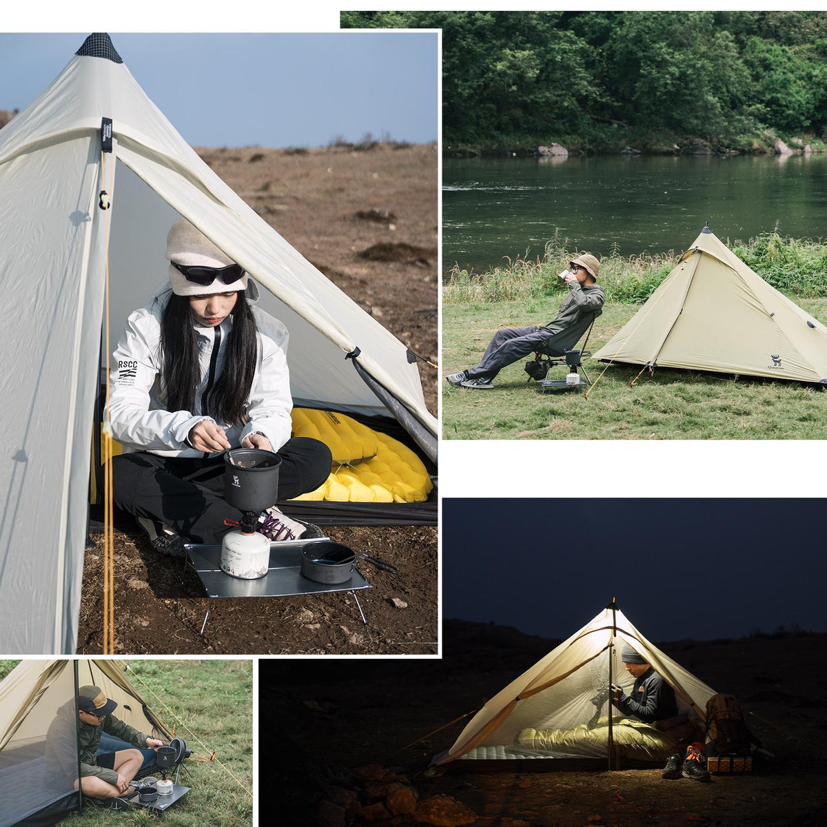 ROCKBROS tienda de campaña para exterior blanco roto en diferentes escenas de camping con mujer y hombre